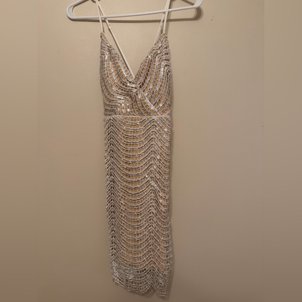 White and nude sequin mini dress